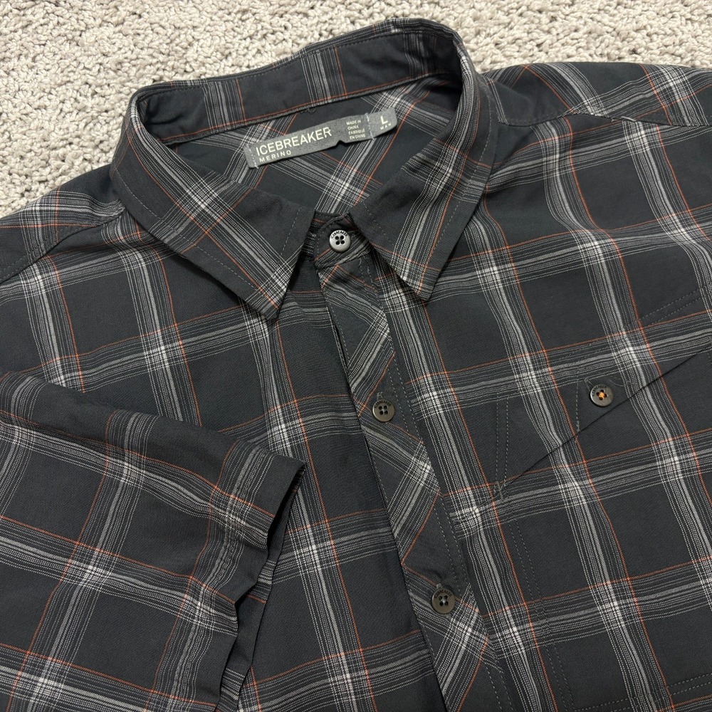 ICBREAKER Merino Shirt Short Sleeve Button Up Wool Gray Plaid Outdoor Men Large - Picture 1 of 16